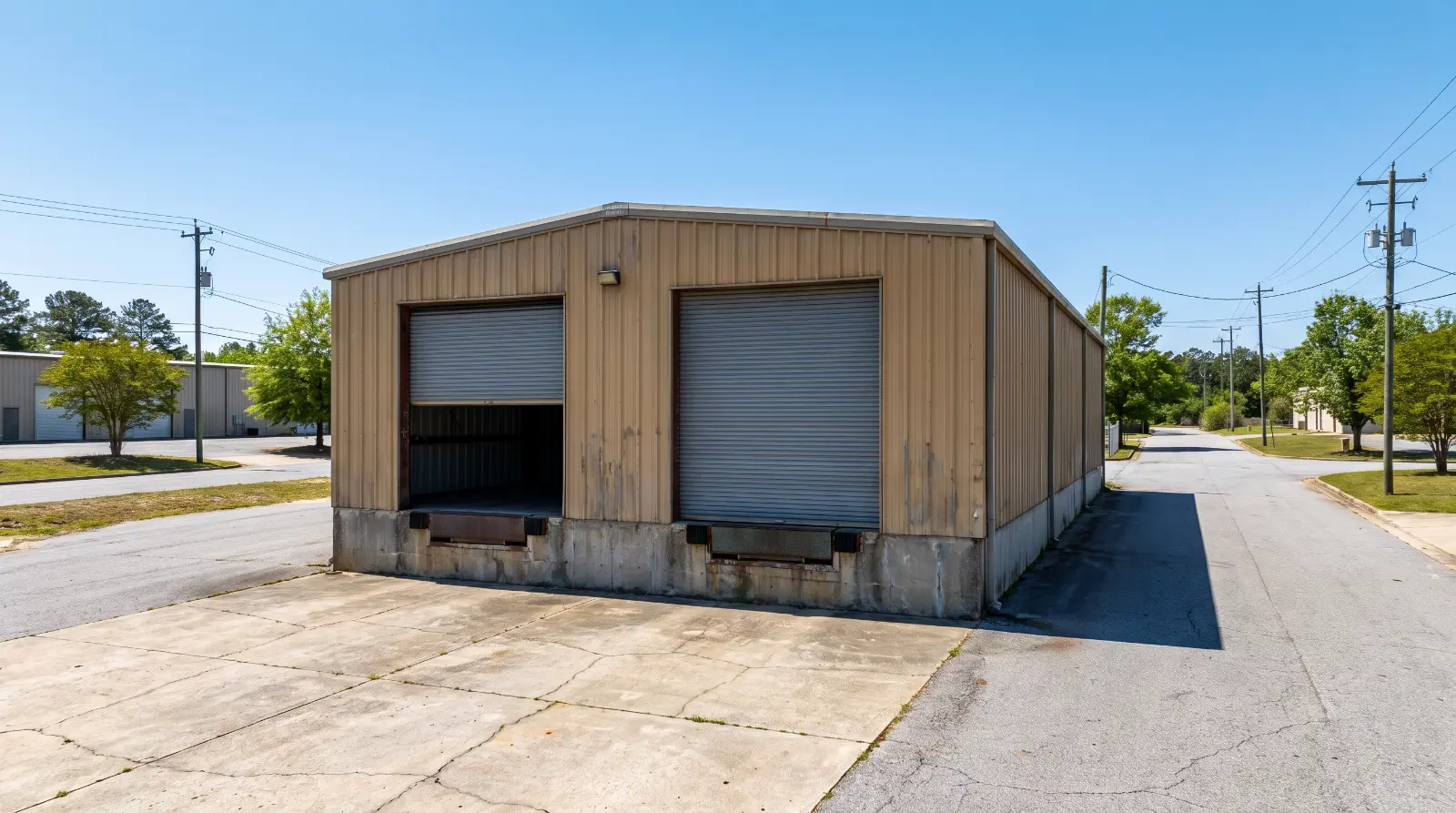 Rolling steel overhead door on a commercial building