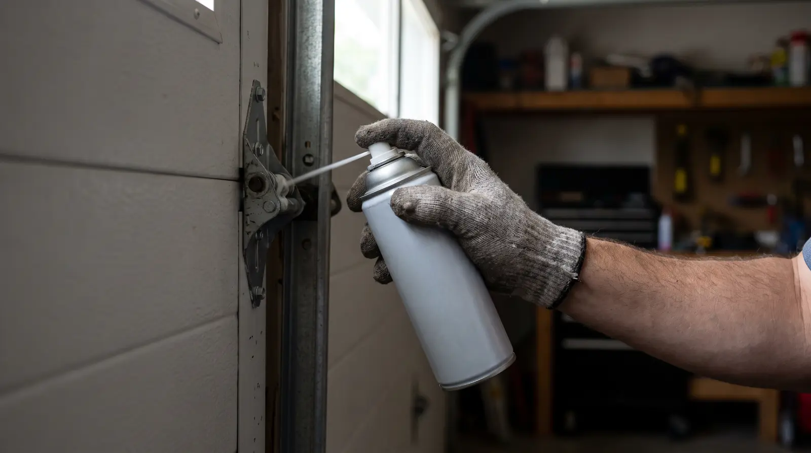 Hand applying lubricant to a garage door hinge and roller