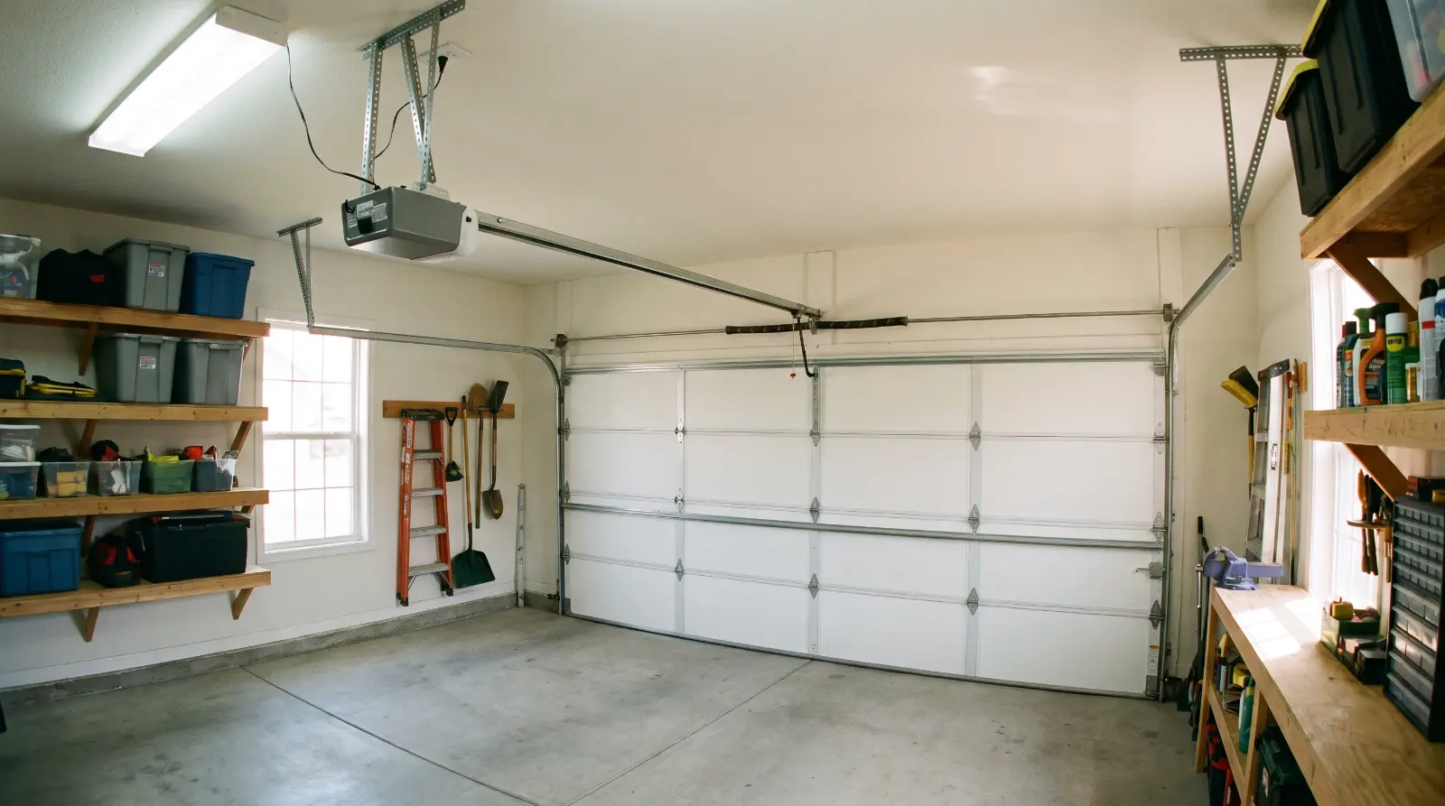 Belt-drive garage door opener motor unit mounted on the garage ceiling