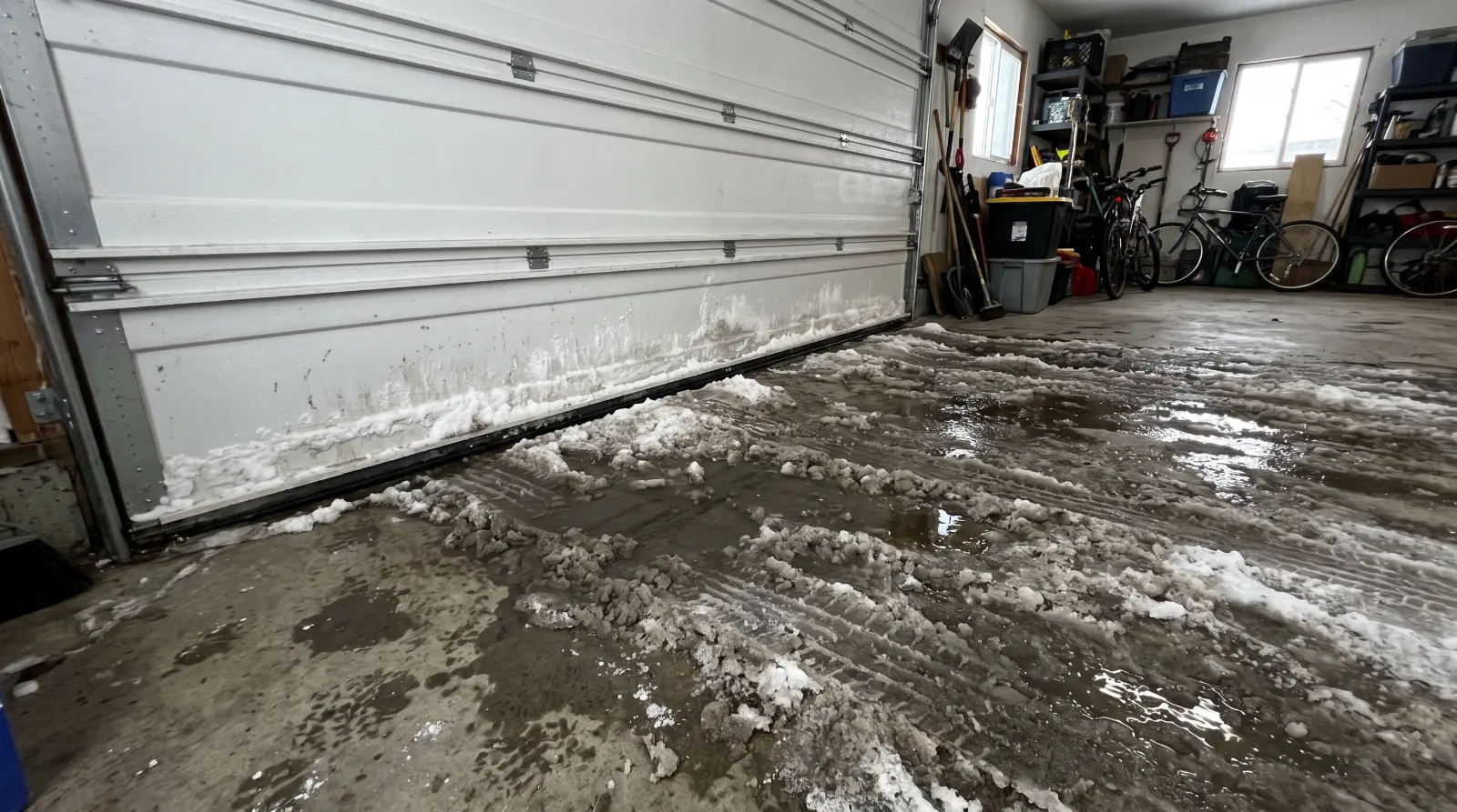 Slush and road salt melting on a garage floor near the door