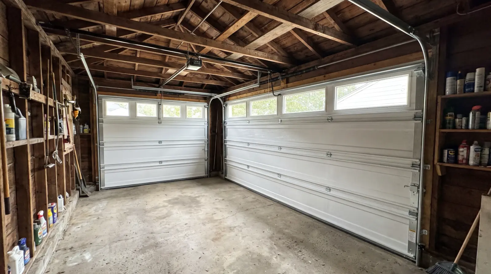 Newer insulated white garage door in a garage with a low ceiling and older wood framing