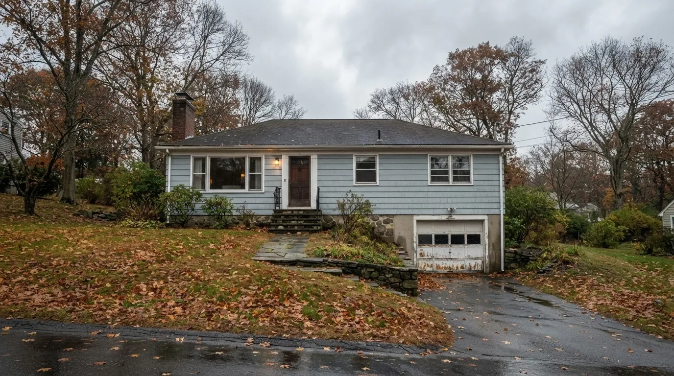 Ranch house with a single attached garage on a wet, leaf-covered lot after a storm